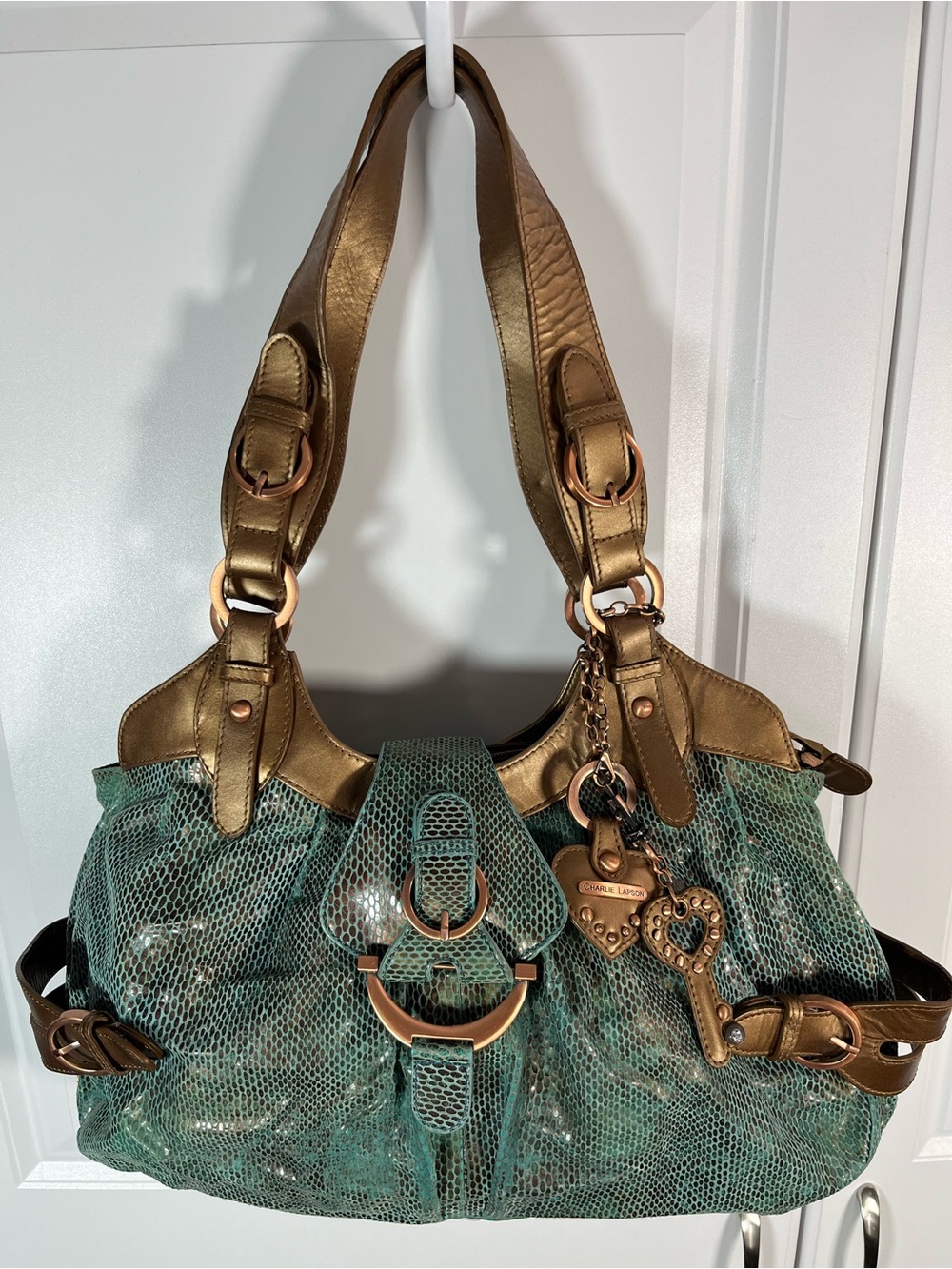 Charlie Larson Shoulder Bag Turquoise Reptile Print Metallic Bronze Charms